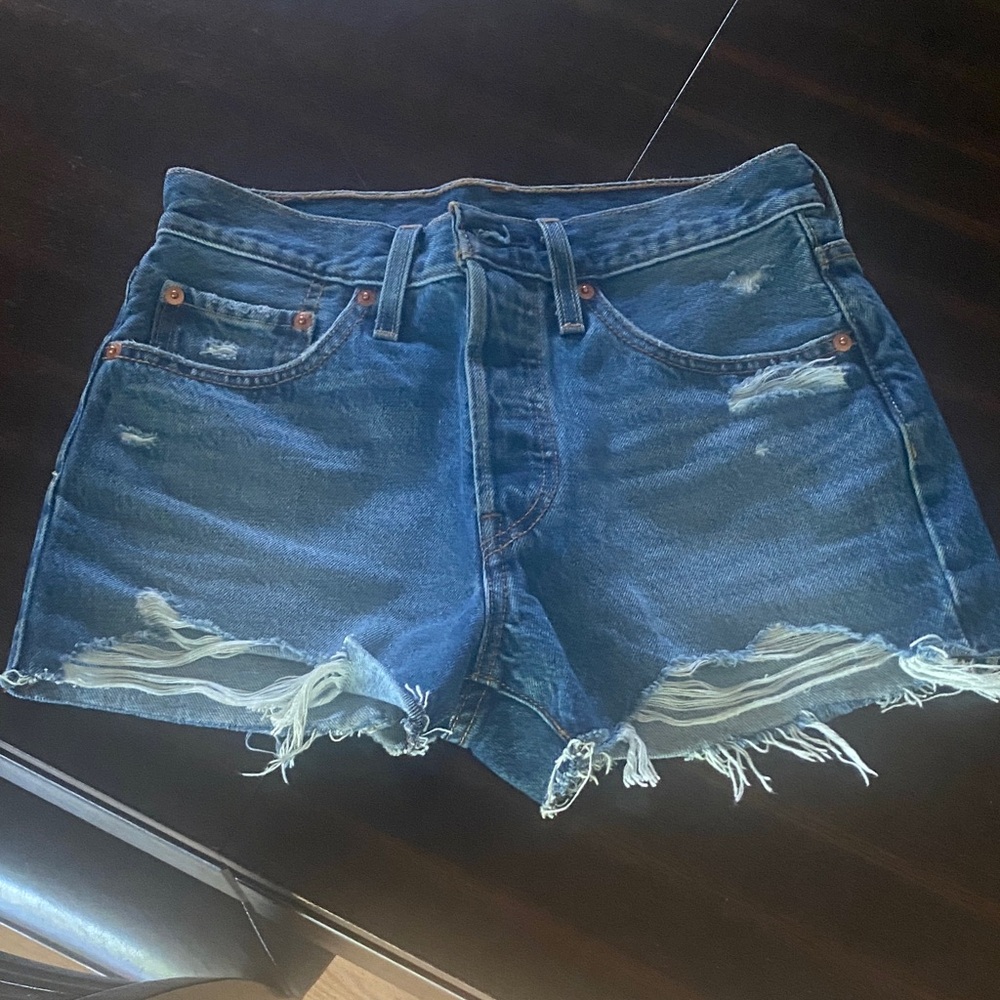 Levi's Dark Blue Distressed Denim Cutoff Shorts
